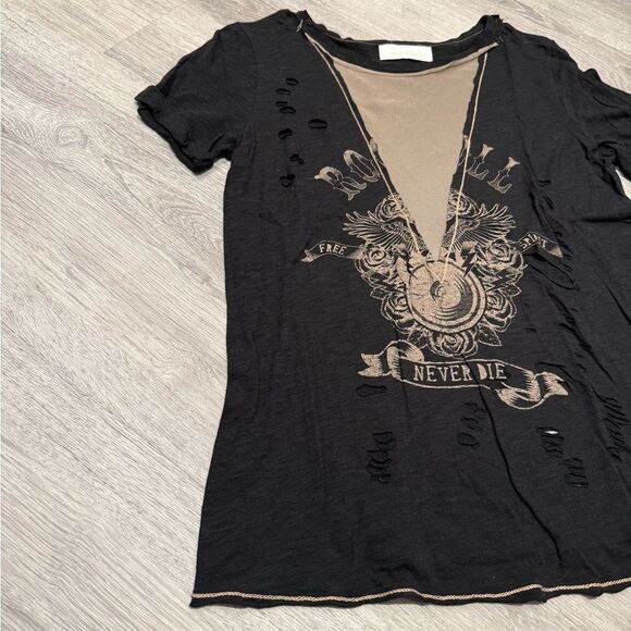 Oober Swank Black Rocker Graphic Women's Top with mesh cleavage - Picture 2 of 6